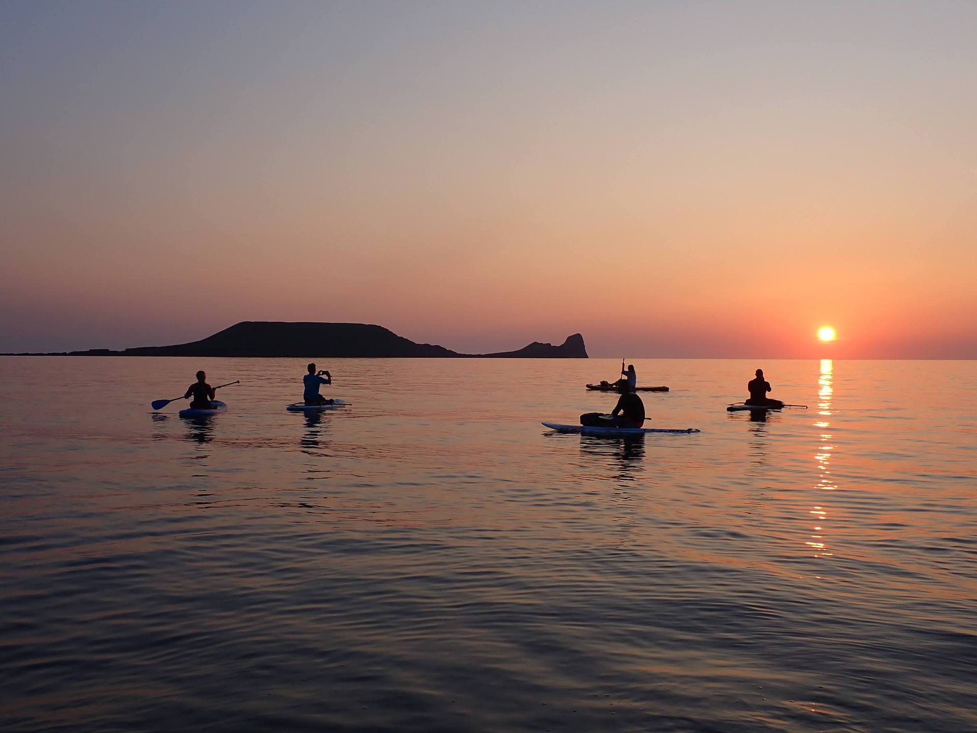 Paddleboarders crossing calm water at sunset